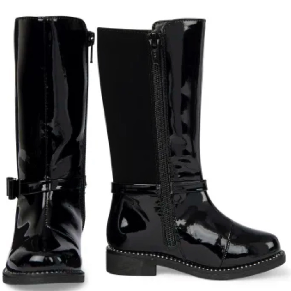 Black Patent Leather Rhinestone Riding Boots